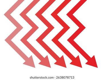 5 red arrows falling down representing business decline, trading loss, bad competition, and economic recession