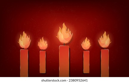 5 Red Candles with gold lining edges on dark background, no text no people. Candlelight background template. Burning candle backdrop. Vector Illustration