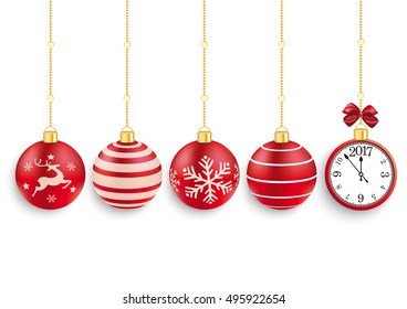 5 red christmas baubles with a clock and date 2017 on the white background. Eps 10 vector file.