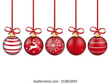 5 red christmas baubles with red ribbons on the white background. Eps 10 vector file.