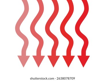 5 red curved arrows falling down representing business decline, trading loss, bad competition, and economic recession
