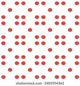 5 red dots, like dice that come together in many places on a white background, used as a symbol or pattern for fabric work