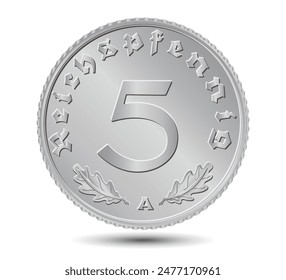 5 Reichspfennig de Alemania esbozado en el Vector. Hojas de roble abajo. Tiempo nazi. El reverso de la moneda está aislado sobre un fondo blanco. Vector.