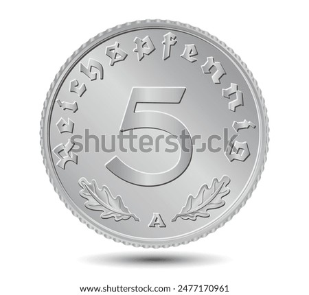 5 Reichspfennig of Germany outlined in vector. Oak leaves below. Nazi time. The reverse side of the coin is isolated on a white background. Vector.