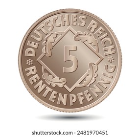 5 Rentenpfennig coin of the Weimar Republic. Minted in aluminum bronze in 1923-1924. The coin outlined by vector.