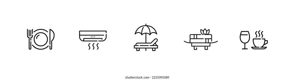 5 resort icons. Restaurant, air conditioning unit, beach umbrella, spa and cafe. Pixel perfect, editable stroke