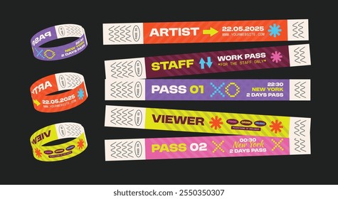 5 Retro Colorful Event Wristbands. Y2K modern nostalgia bands. Collection of playful retro-style event wristbands for music festivals, parties. Event bracelets with bold typography.