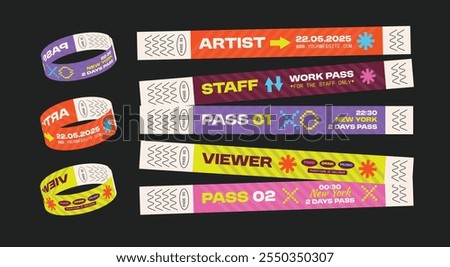 5 Retro Colorful Event Wristbands. Y2K modern nostalgia bands. Collection of playful retro-style event wristbands for music festivals, parties. Event bracelets with bold typography.