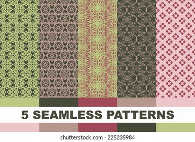 5 Retro different vector seamless patterns (tiling). Endless texture can be used for wallpaper, pattern fills, web page background,surface textures. Set of monochrome geometric ornaments.