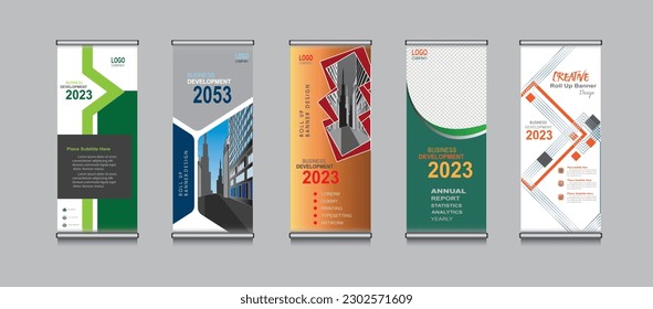 5 Aufrollen von Bannervorlagendesign, Bannerlayout, Werbung, Aufziehen, mehrsprachiger Hintergrund.