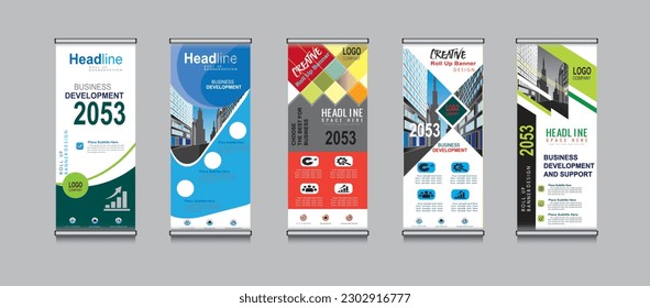 5 Roll up banner template design,banner layout, advertisement, pull up, polygon background.