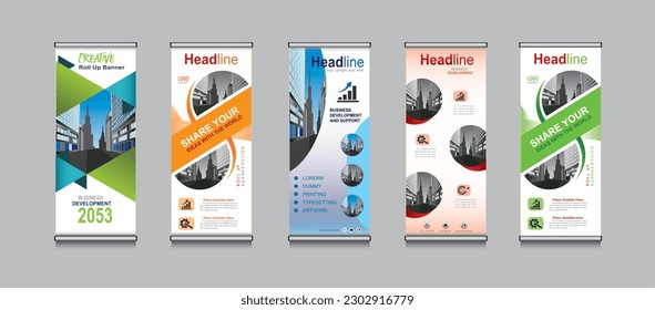 5 Roll up banner template design,banner layout, advertisement, pull up, polygon background.