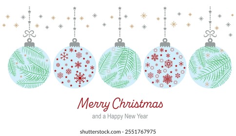 5 round Christmas balls hanging on a ribbon with stars, snowflakes, fir branches. Christmas decor. Vector. Christmas card Merry Christmas and Happy New Year.