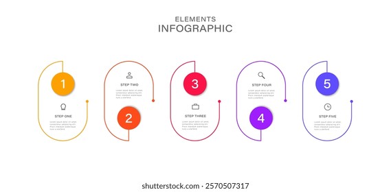 5 round elements arranged in a horizontal row. The concept of 5 stages of development of startup projects. Flat infographic design template.