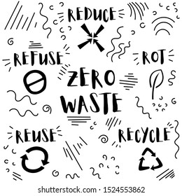 The 5 R's of Zero Waste Lifestyle. Refuse, reduce, reuse, recycle, rot. Vector object isolated on white background.