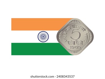 5 Rupees coin of India. Coin side isolated on white background. Flag of India. Vector.