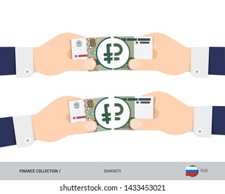 5 Russian Ruble Banknote. Hands tearing banknote set. Flat style vector illustration. Business finance concept.