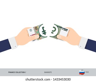5 Russian Ruble Banknote. Hands tearing banknote. Flat style vector illustration. Business finance concept.