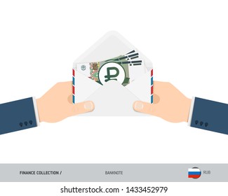 5 Russian Ruble Banknotes in envelope hold in hand. Flat style opened white envelope with cash. Salary payout or corruption concept.