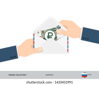 5 Russian Ruble Banknotes in envelope hold in hand. Flat style opened white envelope with cash. Salary payout or corruption concept.