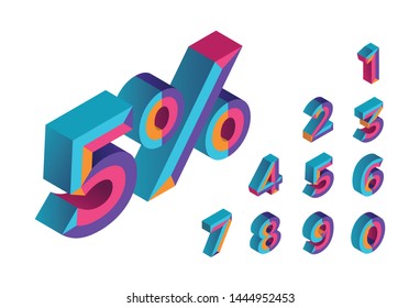 5% sale. 0, 1, 2, 3, 4, 5, 6, 7, 8, 9 isometric 3D numeral alphabet. Percent off, sale background. Colorfull polygonal triangle Letter. Eps10. Vector Isolated Number.