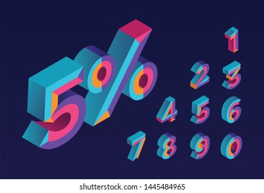 5% sale. 0, 1, 2, 3, 4, 5, 6, 7, 8, 9 isometric 3D numeral alphabet. Percent off, sale background. Colorfull polygonal triangle Letter. Eps10. Vector Isolated Number.