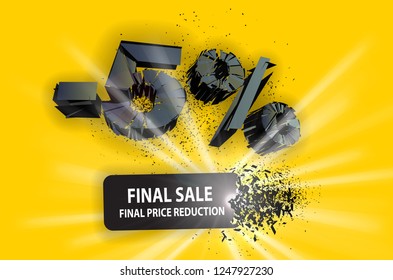 5% sale black sign with exploding plate. Vector illustration. Yellow background