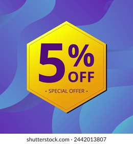 5% Sale and Discount Label. Five percent Sale Discount label Geometric design. Abstract Blue and Yellow Hexagon. Vector illustration.