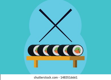 5 salmon sushi rolls on a table and a pair of chopsticks - flat design