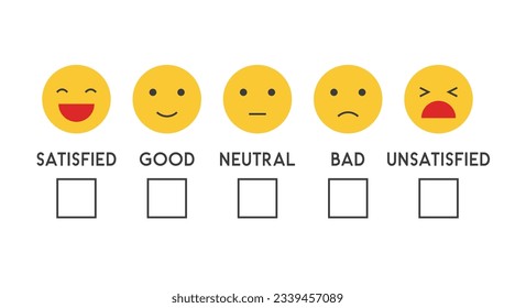 5-skaliges Lächeln Bewertung Feedback Emoji Gesicht der Kundenzufriedenheit Konzept. Darstellungsniveau für die Überprüfung und Bewertung der betreffenden Dienstleistung oder der betreffenden Ware oder Verwendung