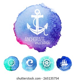 5 sea theme logo templates over watercolor backgrounds