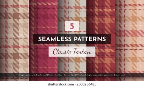 5 Seamless Classic Tartan Pattern. Traditional Scottish Texture. Fashionable Fabric. Textile Background. Merry Christmas. Vector eps 10