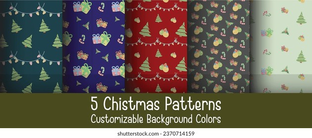5 seamless cute Christmas patterns with customizable background colors. The patterns include Christmas trees, decoration balls and lights, presents, mistletoes, and candy canes 