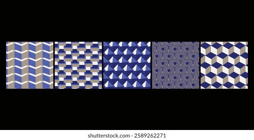 5 seamless Optical 3D Cube Patterns featuring 3D illusions in modern color schemes, ideal for corporate, business branding, and product packaging.