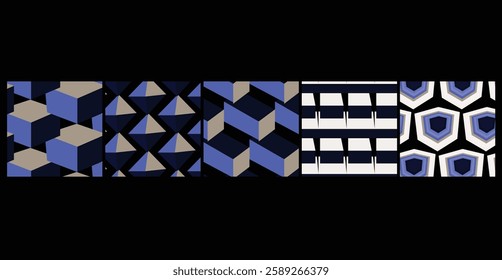 5 seamless Optical 3D Cube Patterns featuring 3D illusions in modern color schemes, ideal for corporate, business branding, and product packaging.