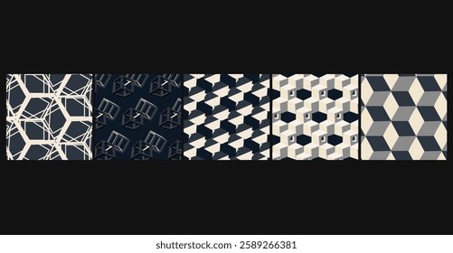 5 seamless Optical 3D Cube Patterns featuring 3D illusions in modern color schemes, ideal for corporate, business branding, and product packaging.