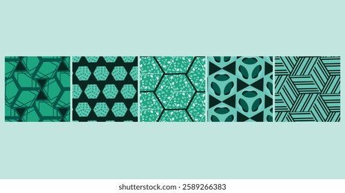 5 seamless Optical 3D Cube Patterns featuring 3D illusions in modern color schemes, ideal for corporate, business branding, and product packaging.