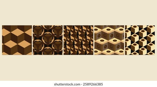 5 seamless Optical 3D Cube Patterns featuring 3D illusions in modern color schemes, ideal for corporate, business branding, and product packaging.