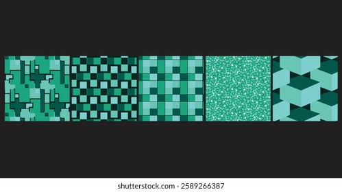 5 seamless Optical 3D Cube Patterns featuring 3D illusions in modern color schemes, ideal for corporate, business branding, and product packaging.