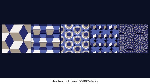 5 seamless Optical 3D Cube Patterns featuring 3D illusions in modern color schemes, ideal for corporate, business branding, and product packaging.