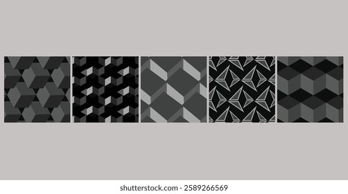 5 seamless Optical 3D Cube Patterns featuring 3D illusions in modern color schemes, ideal for corporate, business branding, and product packaging.