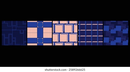 5 seamless Optical 3D Cube Patterns featuring 3D illusions in modern color schemes, ideal for corporate, business branding, and product packaging.