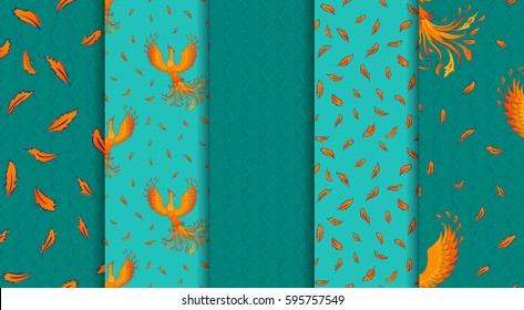5 seamless patterns with fire-bird Phoenix and feathers. Create background for greeting card, invitation, poster or decorate your web page. Perfect for wrapping paper, packaging, scrap booking.