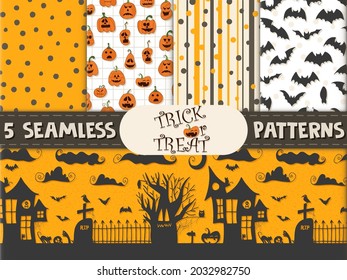 5 seamless patterns. Halloween - October 31. Hand-drawn doodle illustration. A traditional holiday, the eve of All Saints ' Day, All Hallows' Eve. Trick or treat. Happy Halloween 2021!