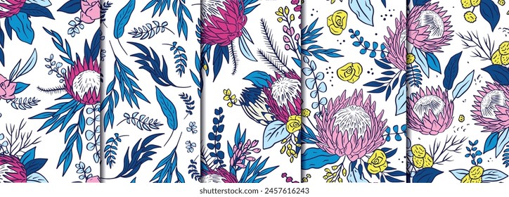 5 Seamless patterns set with pink protea flowers on white background. Tropical floral wallpapers bundle.