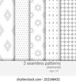 5 Seamless patterns. Stylish modern vector patterns with diamonds gray