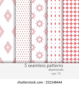 5 Seamless patterns. Stylish modern vector patterns with diamonds pink