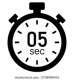 5 Second Timer Icon with Clock Countdown Symbol, Short Duration Time Sign, Vector Illustration