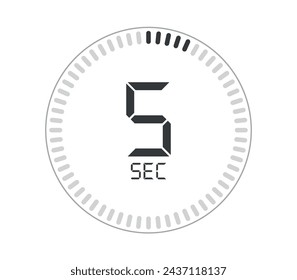 5 seconds. Seconds counter digital watch design. Vector for marking time isolated on white background