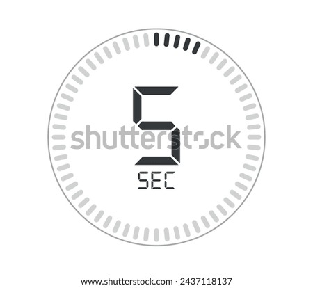 5 seconds. Seconds counter digital watch design. Vector for marking time isolated on white background